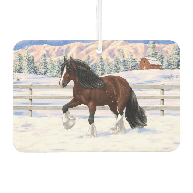 Brown Bay Gypsy Vanner Draught Horse In Snow Car Air Freshener (Front)