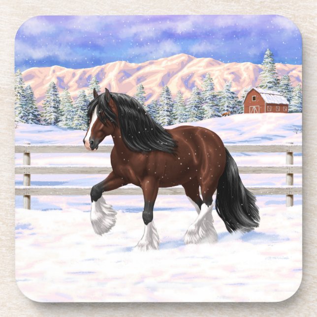 Brown Bay Gypsy Vanner Draught Horse In Snow Coaster (Front)