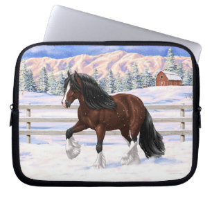 Brown Bay Gypsy Vanner Draught Horse In Snow Laptop Sleeve