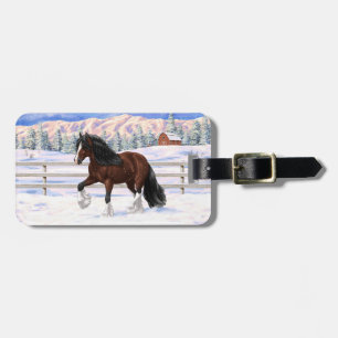Brown Bay Gypsy Vanner Draught Horse In Snow Luggage Tag