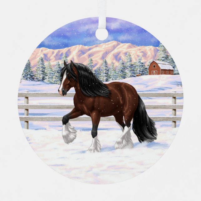 Brown Bay Gypsy Vanner Draught Horse In Snow Metal Tree Decoration (Front)