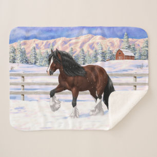 Brown Bay Gypsy Vanner Draught Horse In Snow Sherpa Blanket