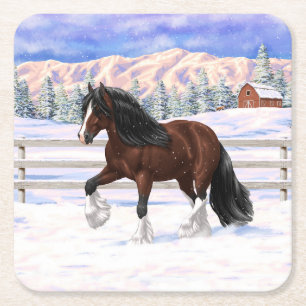 Brown Bay Gypsy Vanner Draught Horse In Snow Square Paper Coaster