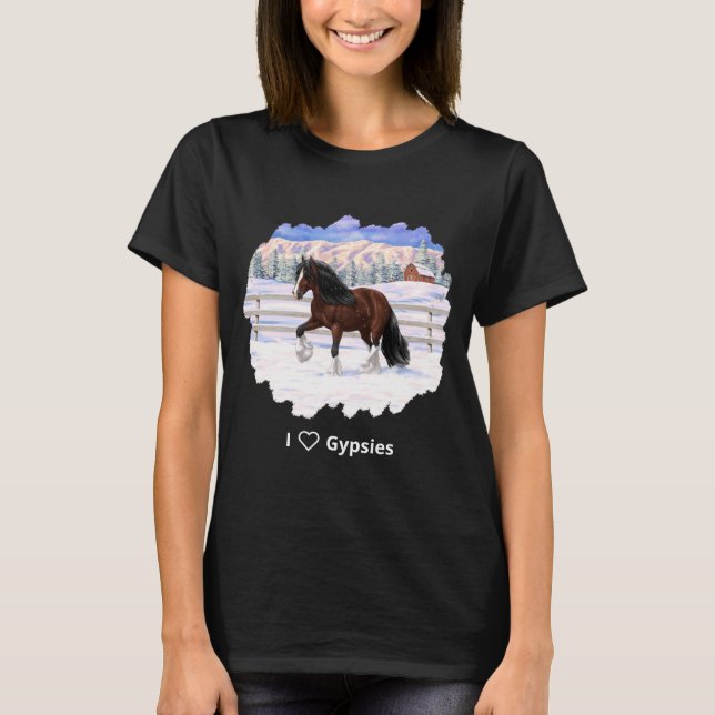 Brown Bay Gypsy Vanner Draught Horse In Snow T-Shirt (Front)