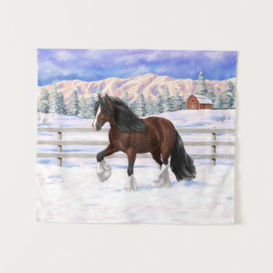 Brown Bay Gypsy Vanner Draught Horse In Snow Tapestry