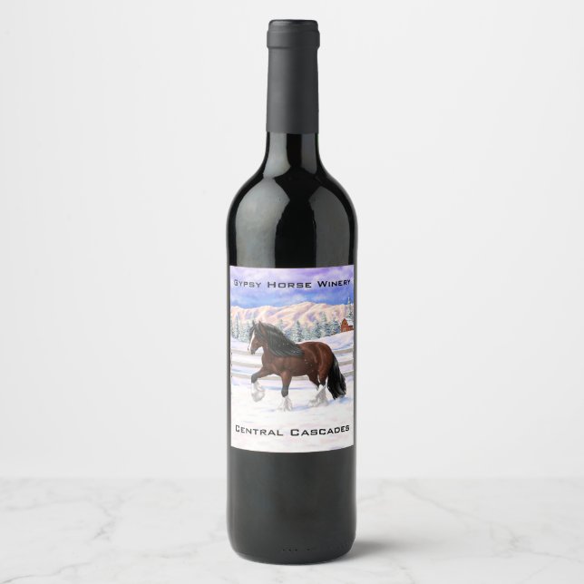 Brown Bay Gypsy Vanner Draught Horse In Snow Wine Label (Front)