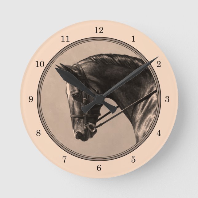Brown Bay Oldenburg Horse Portrait Sepia Round Clock (Front)