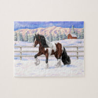 Brown Bay Pinto Gypsy Vanner Draft Horse In Snow