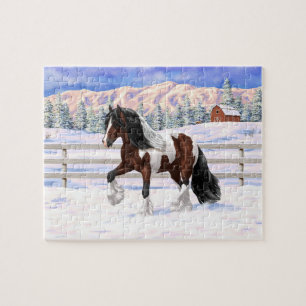 Brown Bay Pinto Gypsy Vanner Draft Horse In Snow Jigsaw Puzzle