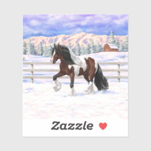 Brown Bay Pinto Gypsy Vanner Draught Horse In Snow