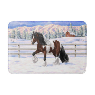 Brown Bay Pinto Gypsy Vanner Draught Horse In Snow Bath Mat