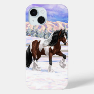 Brown Bay Pinto Gypsy Vanner Draught Horse In Snow iPhone 15 Case