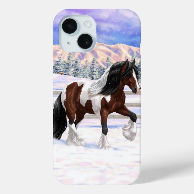 Brown Bay Pinto Gypsy Vanner Draught Horse In Snow Case-Mate iPhone Case (Back)