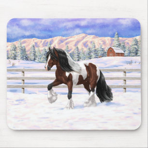 Brown Bay Pinto Gypsy Vanner Draught Horse In Snow Mouse Pad