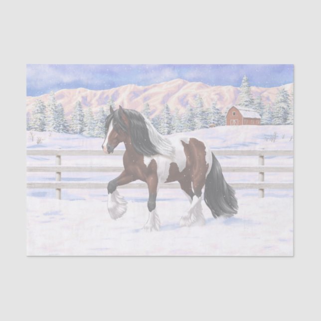 Brown Bay Pinto Gypsy Vanner Draught Horse In Snow Tissue Paper (Front)
