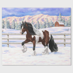 Brown Bay Pinto Gypsy Vanner Draught Horse In Snow Wrapping Paper