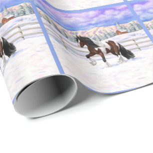 Brown Bay Pinto Gypsy Vanner Draught Horse In Snow Wrapping Paper