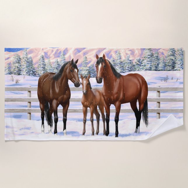 Brown Bay Quarter Horses In Snow Beach Towel (Front)