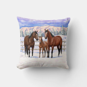Brown Bay Quarter Horses In Snow Cushion