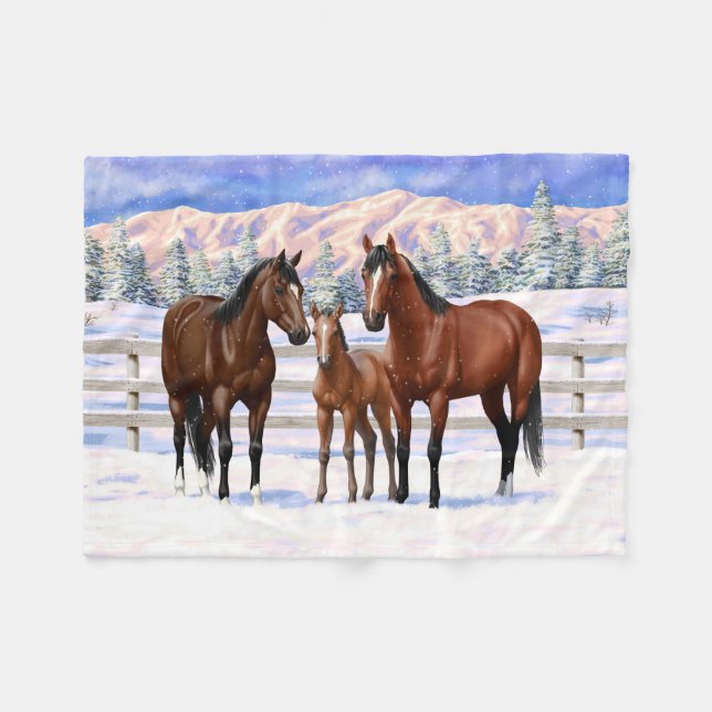 Brown Bay Quarter Horses In Snow Fleece Blanket (Front (Horizontal))