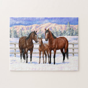 Brown Bay Quarter Horses In Snow Jigsaw Puzzle