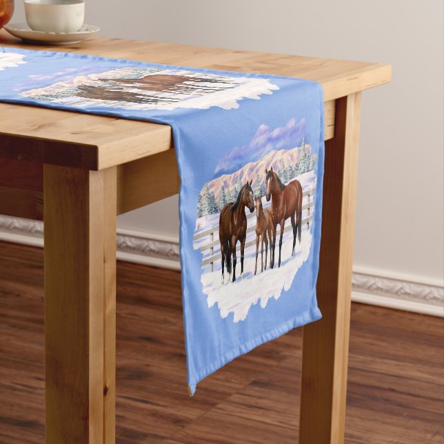Brown Bay Quarter Horses In Snow Medium Table Runner (In Situ)