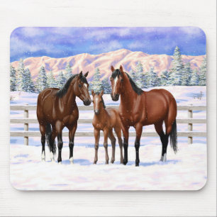 Brown Bay Quarter Horses In Snow Mouse Pad