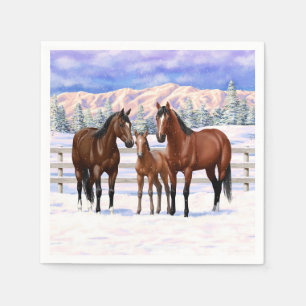 Brown Bay Quarter Horses In Snow Napkin