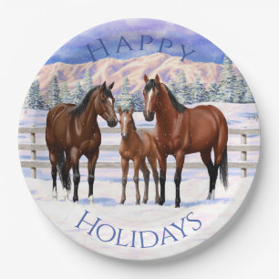 Brown Bay Quarter Horses In Snow Paper Plate