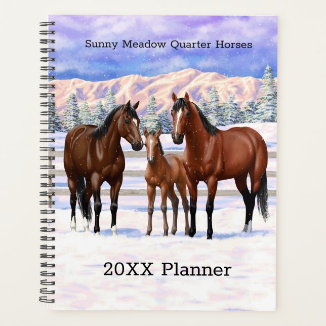 Brown Bay Quarter Horses In Snow Planner (Front)