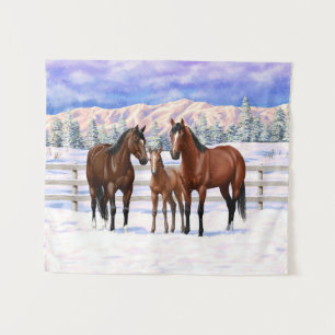 Brown Bay Quarter Horses In Snow Tapestry