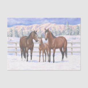 Brown Bay Quarter Horses In Snow Tissue Paper