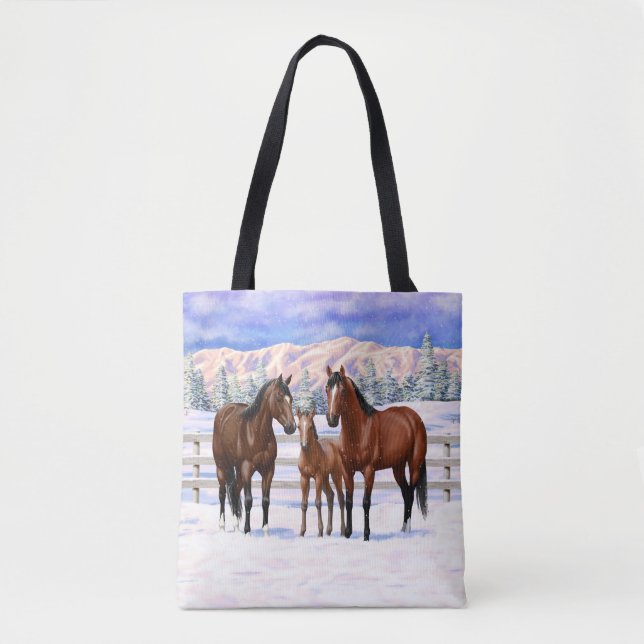 Brown Bay Quarter Horses In Snow Tote Bag (Front)