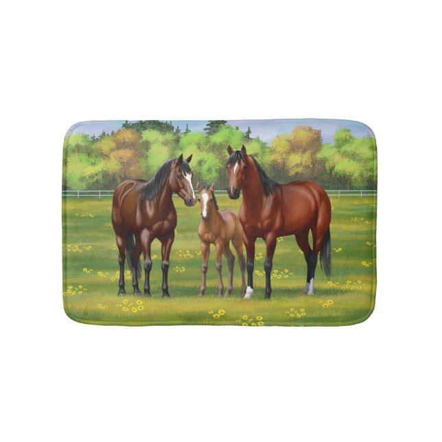 Brown Bay Quarter Horses In Summer Pasture Bath Mat (Front)