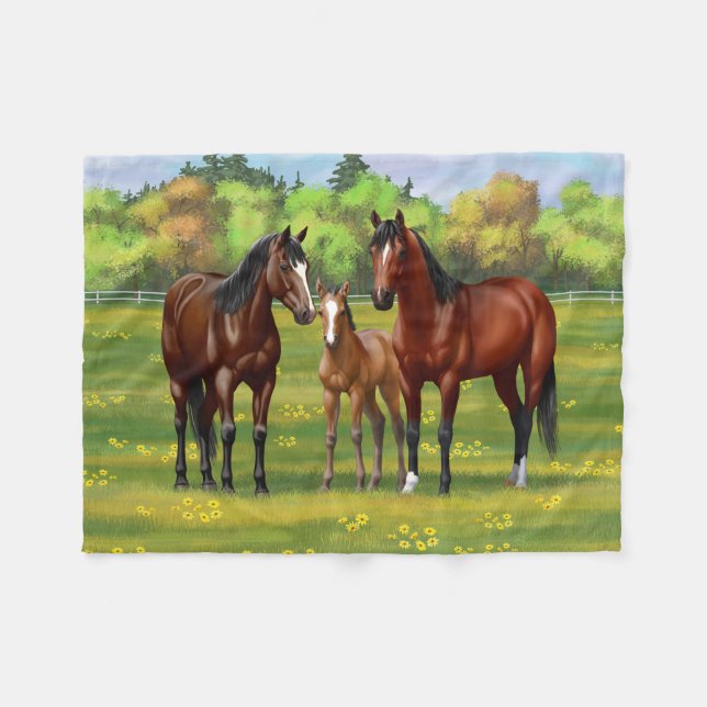 Brown Bay Quarter Horses In Summer Pasture Fleece Blanket (Front (Horizontal))