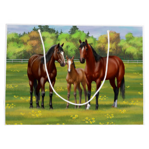 Brown Bay Quarter Horses In Summer Pasture Large Gift Bag