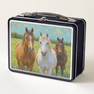 Brown Bay Quarter Horses In Summer Pasture Metal L Lunch Box