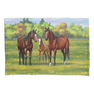 Brown Bay Quarter Horses In Summer Pasture Pillowcase