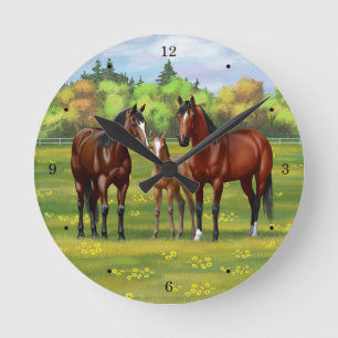 Brown Bay Quarter Horses In Summer Pasture Round Clock