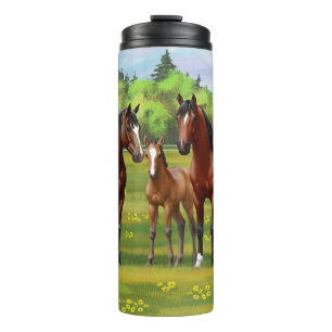 Brown Bay Quarter Horses In Summer Pasture Thermal Tumbler