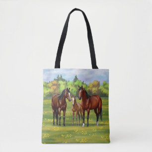Brown Bay Quarter Horses In Summer Pasture Tote Bag