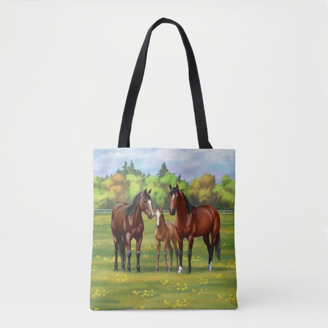Brown Bay Quarter Horses In Summer Pasture Tote Bag (Front)
