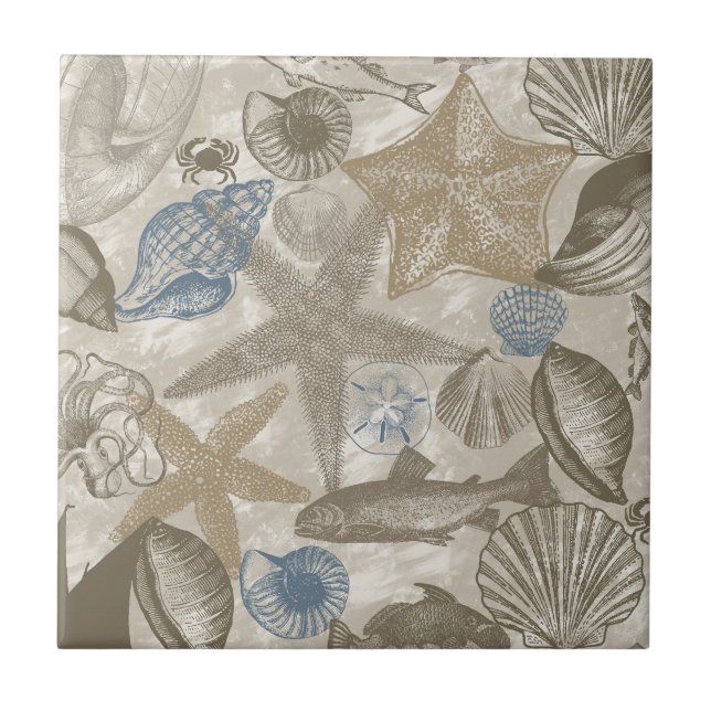 Brown Beach Blue Shells Ocean  Ceramic Tile (Front)
