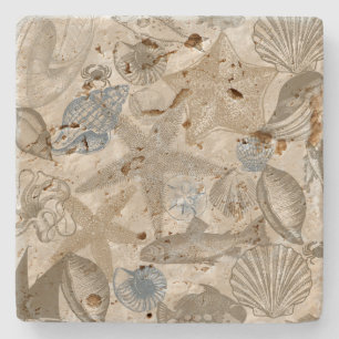 Brown Beach Blue Shells Ocean Stone Coaster