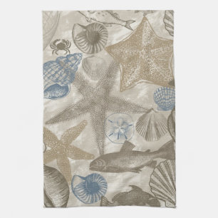 Brown Beach Blue Shells Ocean    Tea Towel