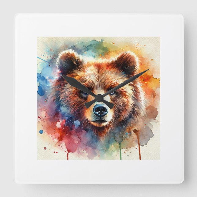 Brown Bear 170624AREF118 - Watercolor Square Wall Clock (Front)