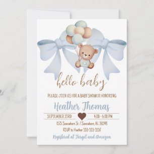 Brown Bear And Bow Baby Shower Invitation