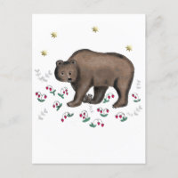 Brown Bear And Forest Strawberries Illustration   