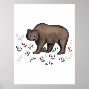Brown Bear And Forest Strawberries Illustration Poster