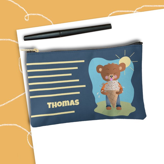 Brown Bear and Ice Cream Cone Kid Pencil Pouch (Cute brown bear kid blue pencil pouch with name . )